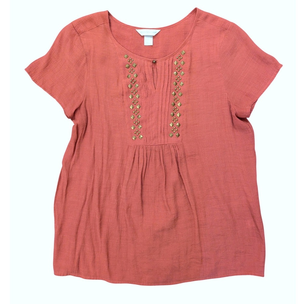 Rust Orange Studded Pintuck Boho Peasant Top Women's Large Festival Western